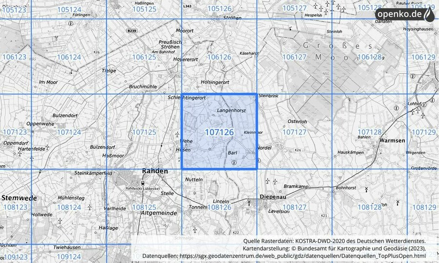 Übersichtskarte des KOSTRA-DWD-2020-Rasterfeldes Nr. 107126 Übersichtskarte des KOSTRA-DWD-2020-Rasterfeldes Nr. 107126