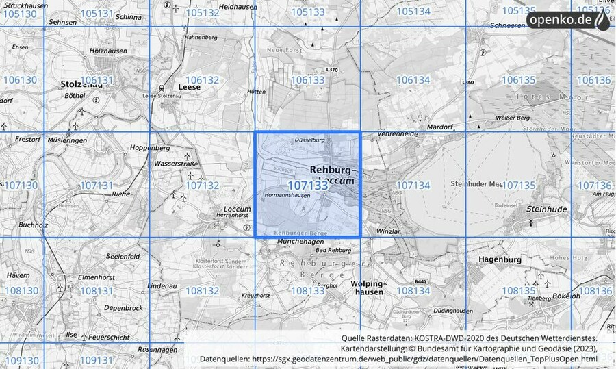 Übersichtskarte des KOSTRA-DWD-2020-Rasterfeldes Nr. 107133