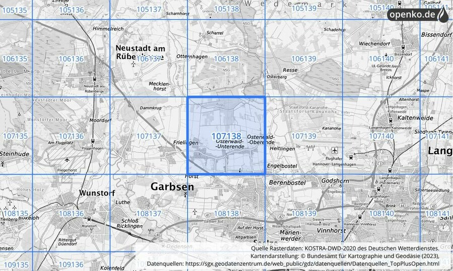 Übersichtskarte des KOSTRA-DWD-2020-Rasterfeldes Nr. 107138
