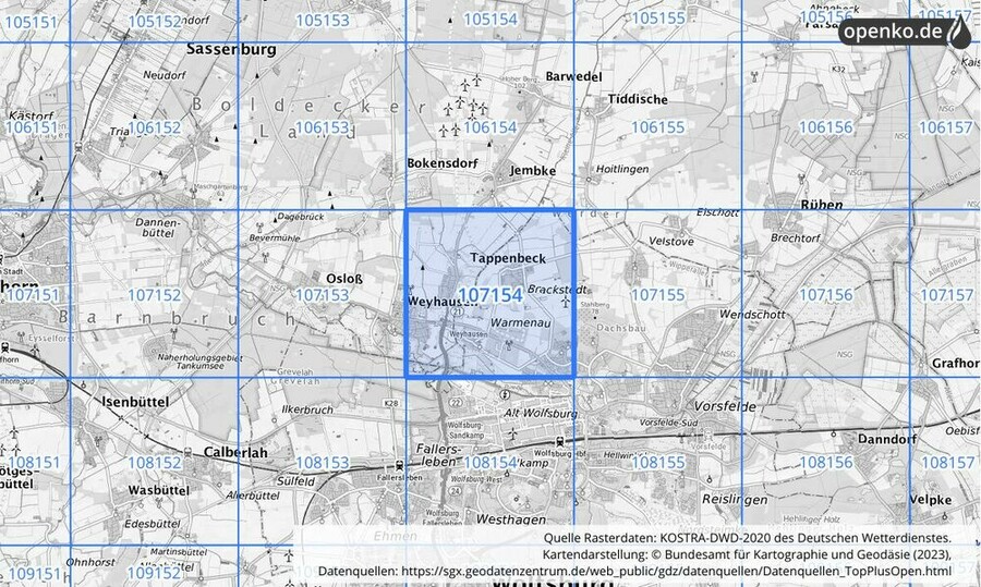 Übersichtskarte des KOSTRA-DWD-2020-Rasterfeldes Nr. 107154
