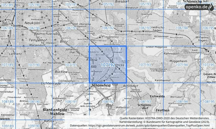 Übersichtskarte des KOSTRA-DWD-2020-Rasterfeldes Nr. 107192