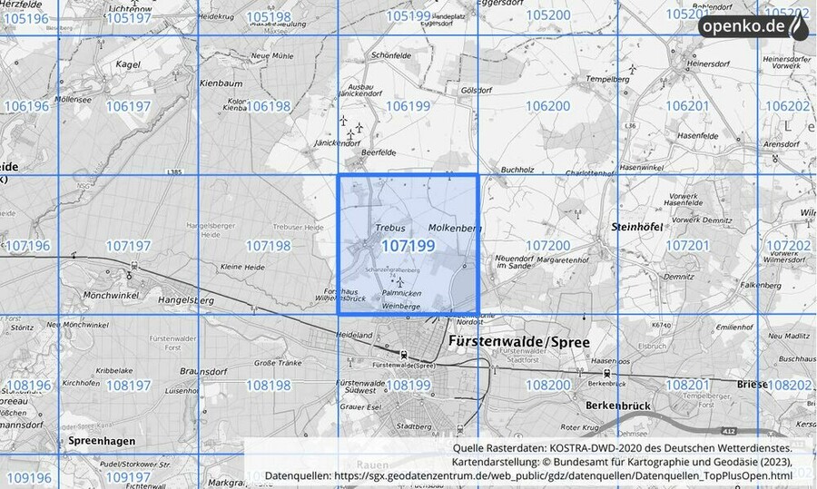 Übersichtskarte des KOSTRA-DWD-2020-Rasterfeldes Nr. 107199