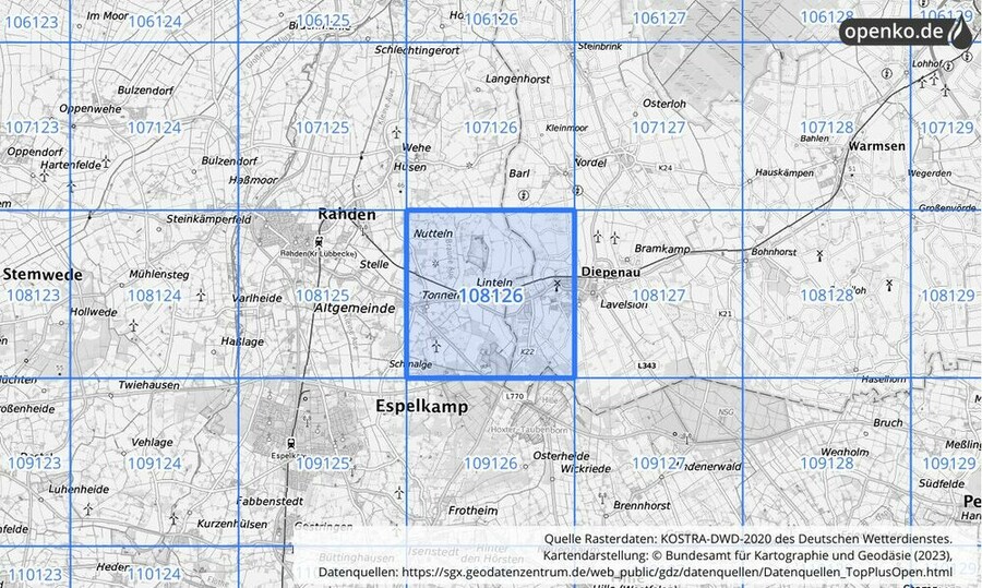 Übersichtskarte des KOSTRA-DWD-2020-Rasterfeldes Nr. 108126 Übersichtskarte des KOSTRA-DWD-2020-Rasterfeldes Nr. 108126
