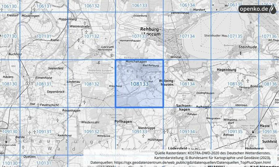 Übersichtskarte des KOSTRA-DWD-2020-Rasterfeldes Nr. 108133