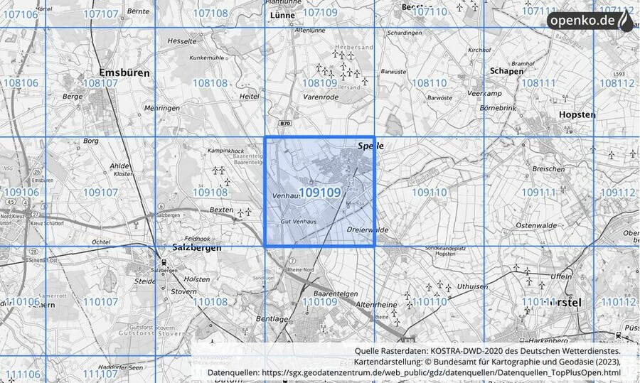 Übersichtskarte des KOSTRA-DWD-2020-Rasterfeldes Nr. 109109