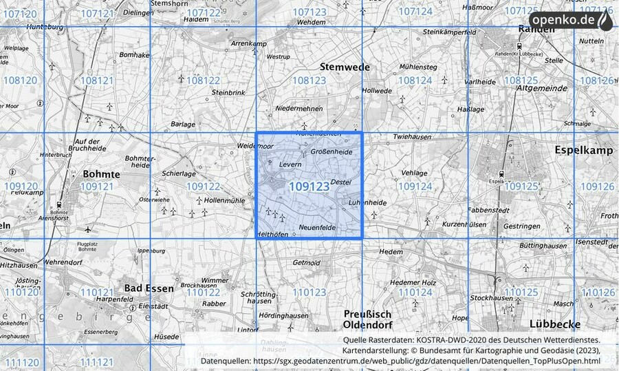Übersichtskarte des KOSTRA-DWD-2020-Rasterfeldes Nr. 109123