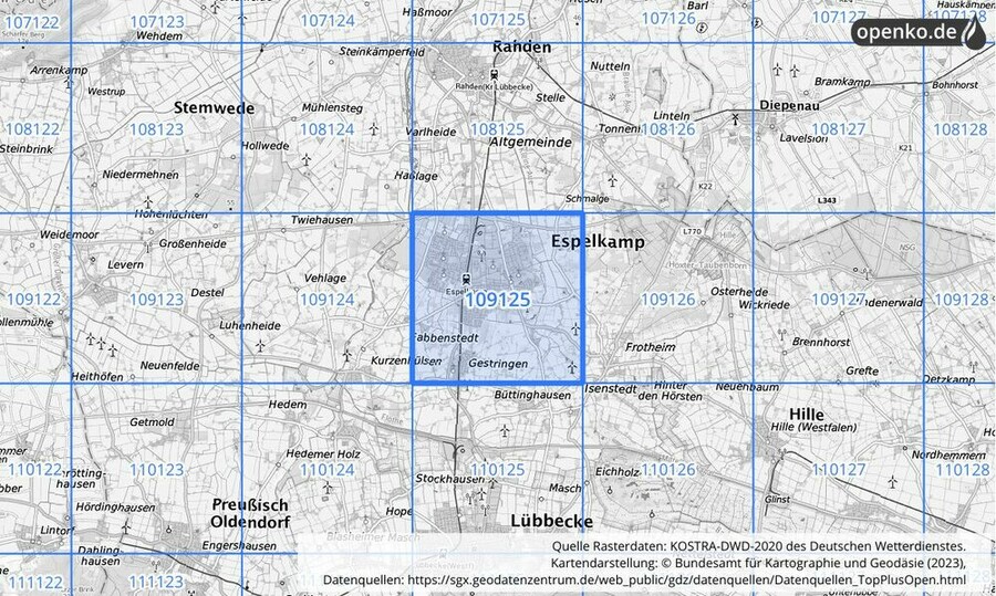 Übersichtskarte des KOSTRA-DWD-2020-Rasterfeldes Nr. 109125