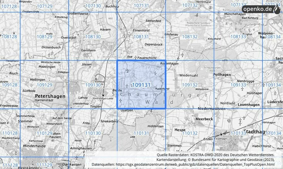 Übersichtskarte des KOSTRA-DWD-2020-Rasterfeldes Nr. 109131