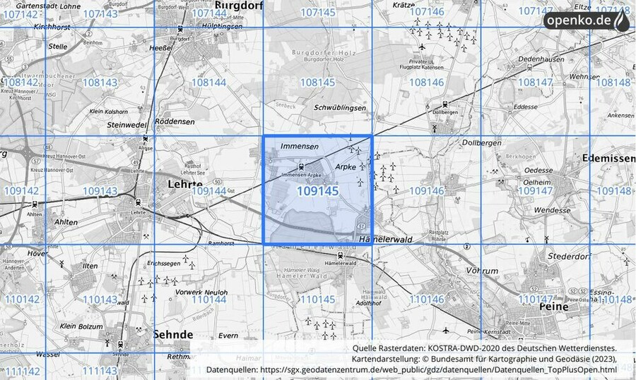 Übersichtskarte des KOSTRA-DWD-2020-Rasterfeldes Nr. 109145