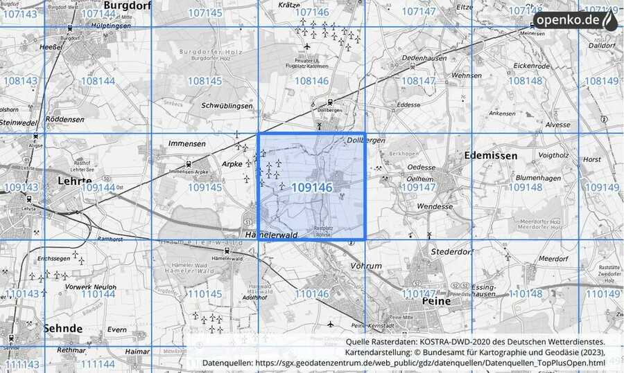 Übersichtskarte des KOSTRA-DWD-2020-Rasterfeldes Nr. 109146