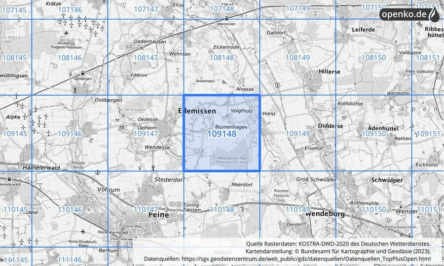 Übersichtskarte des KOSTRA-DWD-2020-Rasterfeldes Nr. 109148