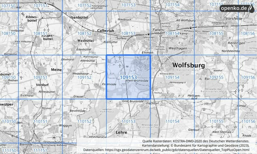 Übersichtskarte des KOSTRA-DWD-2020-Rasterfeldes Nr. 109153