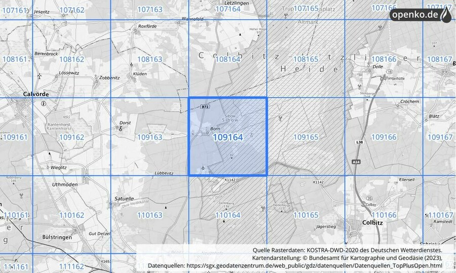 Übersichtskarte des KOSTRA-DWD-2020-Rasterfeldes Nr. 109164