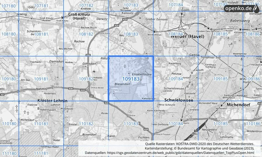 Übersichtskarte des KOSTRA-DWD-2020-Rasterfeldes Nr. 109183