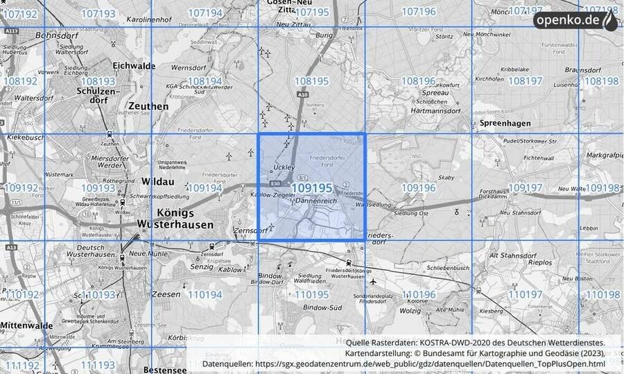 Übersichtskarte des KOSTRA-DWD-2020-Rasterfeldes Nr. 109195