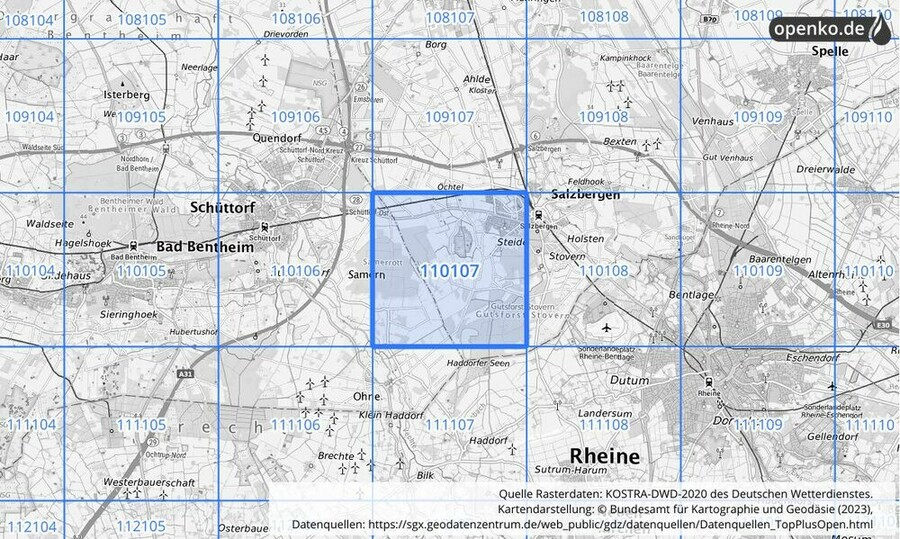 Übersichtskarte des KOSTRA-DWD-2020-Rasterfeldes Nr. 110107