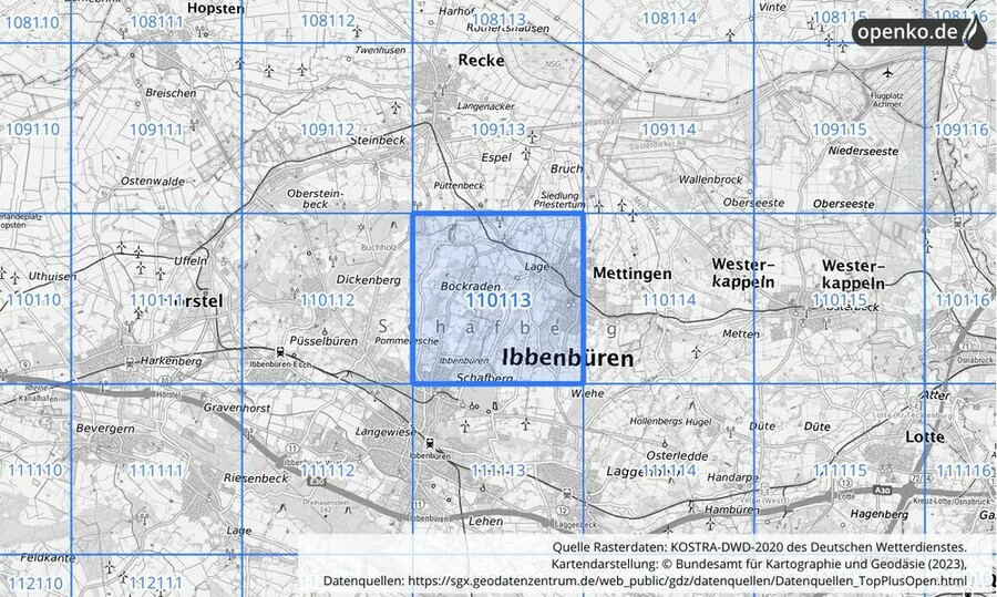 Übersichtskarte des KOSTRA-DWD-2020-Rasterfeldes Nr. 110113