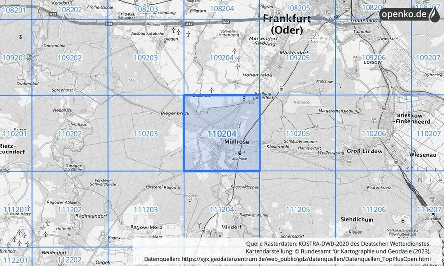 Übersichtskarte des KOSTRA-DWD-2020-Rasterfeldes Nr. 110204
