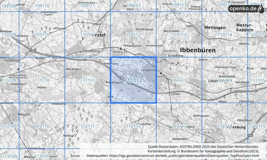 Übersichtskarte des KOSTRA-DWD-2020-Rasterfeldes Nr. 111112