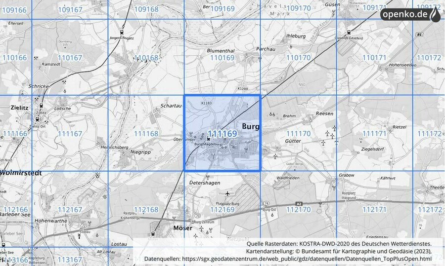 Übersichtskarte des KOSTRA-DWD-2020-Rasterfeldes Nr. 111169