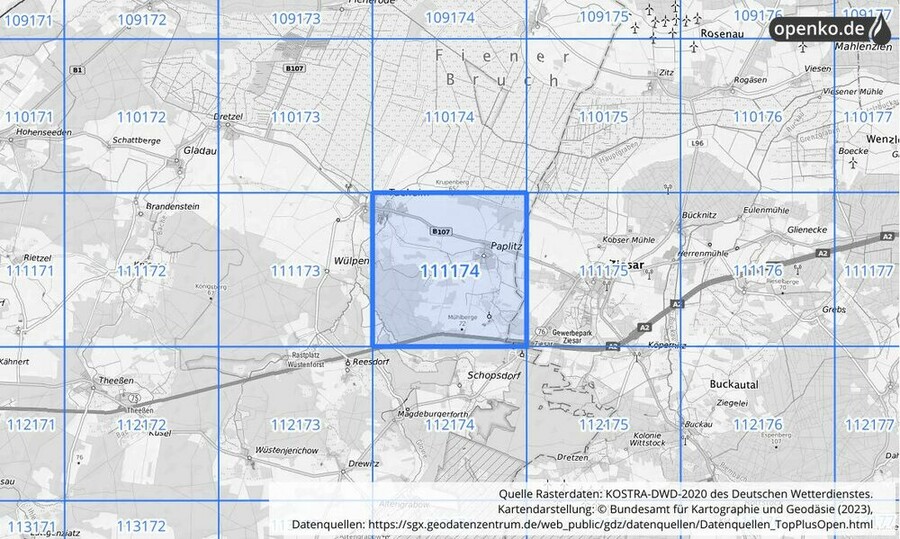 Übersichtskarte des KOSTRA-DWD-2020-Rasterfeldes Nr. 111174