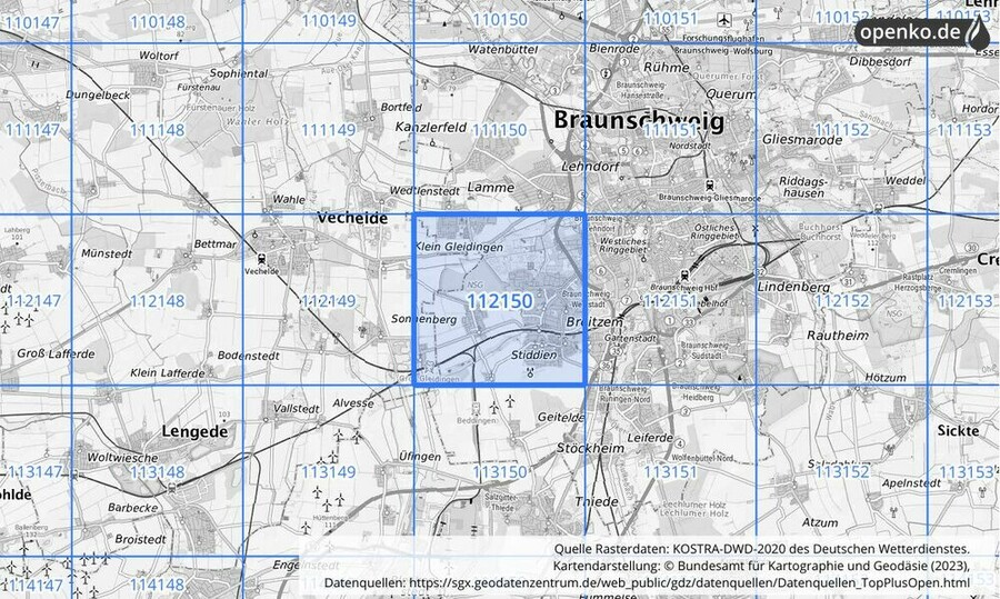 Übersichtskarte des KOSTRA-DWD-2020-Rasterfeldes Nr. 112150