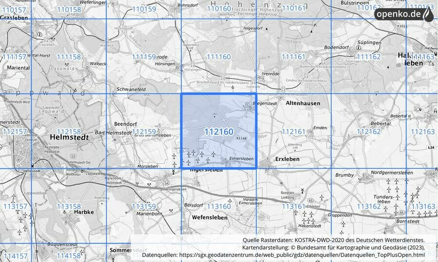 Übersichtskarte des KOSTRA-DWD-2020-Rasterfeldes Nr. 112160