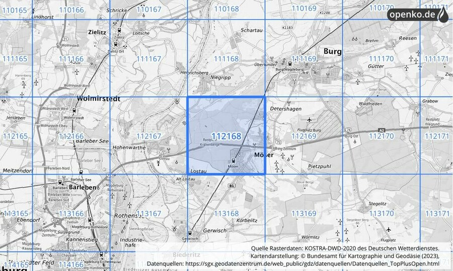 Übersichtskarte des KOSTRA-DWD-2020-Rasterfeldes Nr. 112168