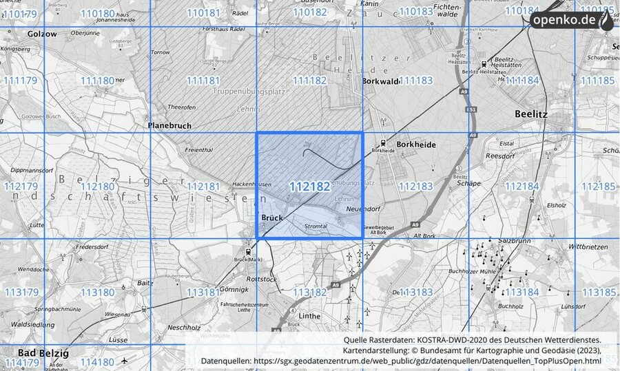 Übersichtskarte des KOSTRA-DWD-2020-Rasterfeldes Nr. 112182