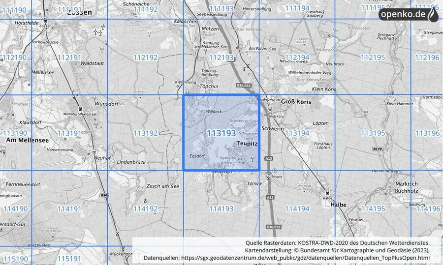 Übersichtskarte des KOSTRA-DWD-2020-Rasterfeldes Nr. 113193
