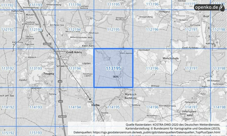 Übersichtskarte des KOSTRA-DWD-2020-Rasterfeldes Nr. 113195
