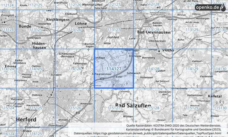 Übersichtskarte des KOSTRA-DWD-2020-Rasterfeldes Nr. 114127 Übersichtskarte des KOSTRA-DWD-2020-Rasterfeldes Nr. 114127