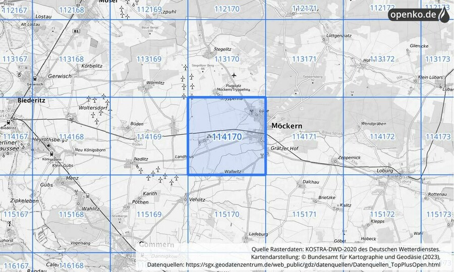 Übersichtskarte des KOSTRA-DWD-2020-Rasterfeldes Nr. 114170