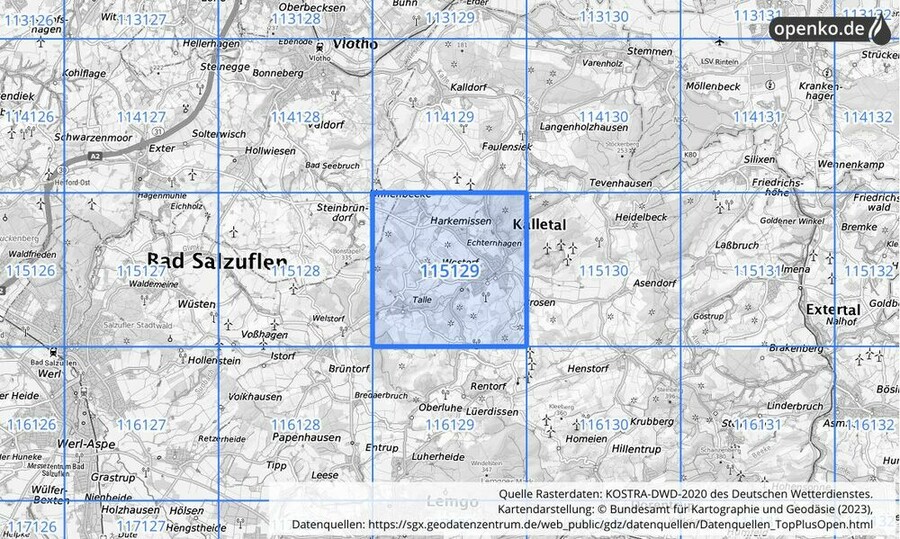 Übersichtskarte des KOSTRA-DWD-2020-Rasterfeldes Nr. 115129