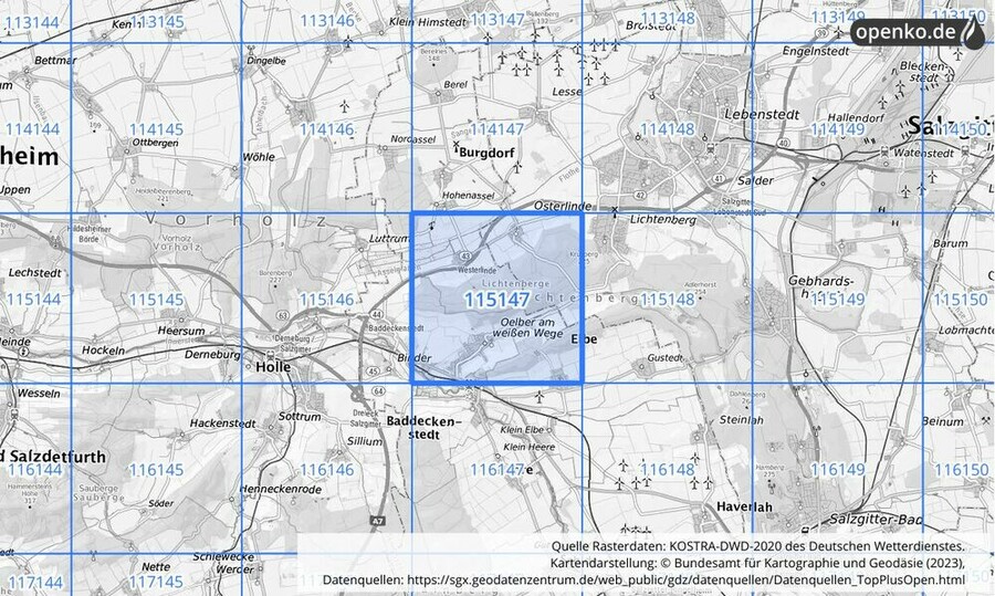 Übersichtskarte des KOSTRA-DWD-2020-Rasterfeldes Nr. 115147