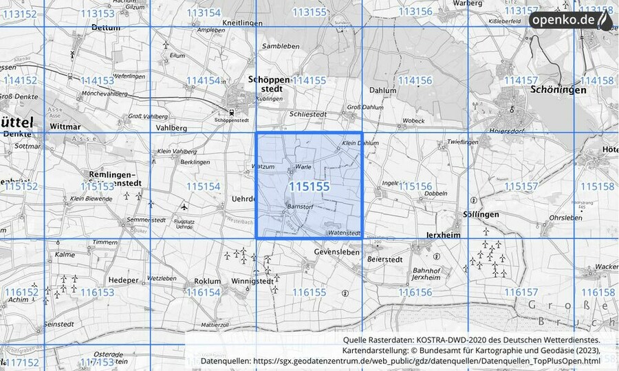 Übersichtskarte des KOSTRA-DWD-2020-Rasterfeldes Nr. 115155