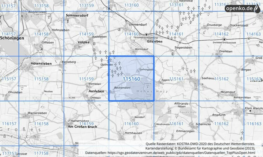 Übersichtskarte des KOSTRA-DWD-2020-Rasterfeldes Nr. 115160