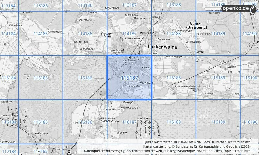 Übersichtskarte des KOSTRA-DWD-2020-Rasterfeldes Nr. 115187