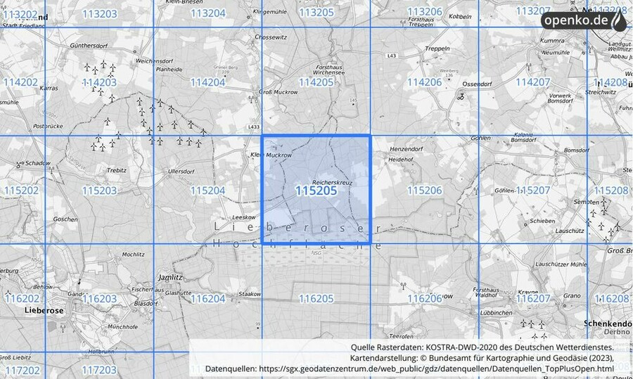 Übersichtskarte des KOSTRA-DWD-2020-Rasterfeldes Nr. 115205 Übersichtskarte des KOSTRA-DWD-2020-Rasterfeldes Nr. 115205