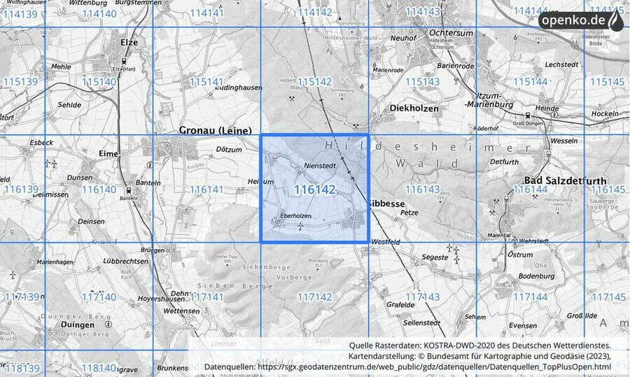 Übersichtskarte des KOSTRA-DWD-2020-Rasterfeldes Nr. 116142