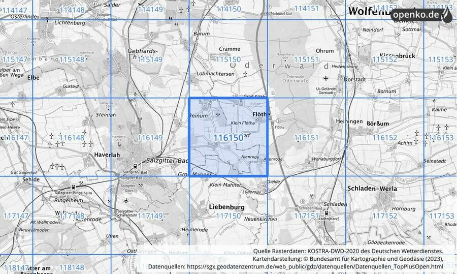 Übersichtskarte des KOSTRA-DWD-2020-Rasterfeldes Nr. 116150