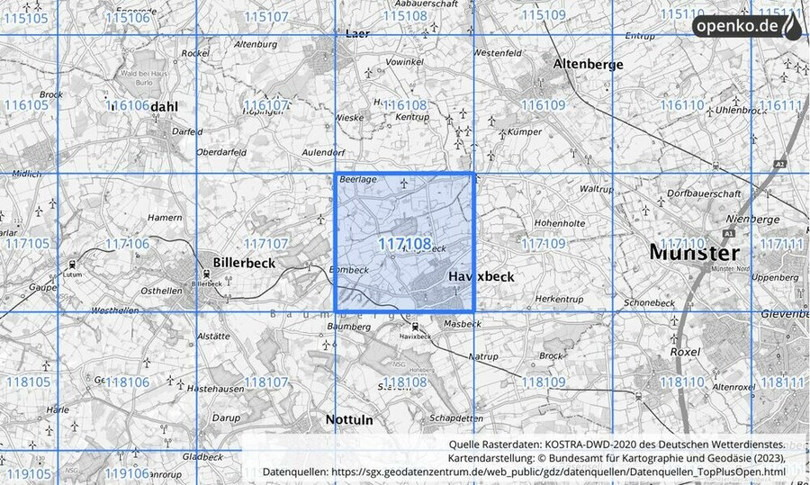 Übersichtskarte des KOSTRA-DWD-2020-Rasterfeldes Nr. 117108 Übersichtskarte des KOSTRA-DWD-2020-Rasterfeldes Nr. 117108