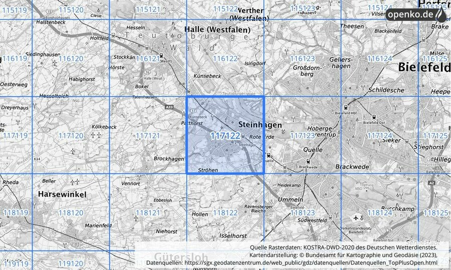 Übersichtskarte des KOSTRA-DWD-2020-Rasterfeldes Nr. 117122