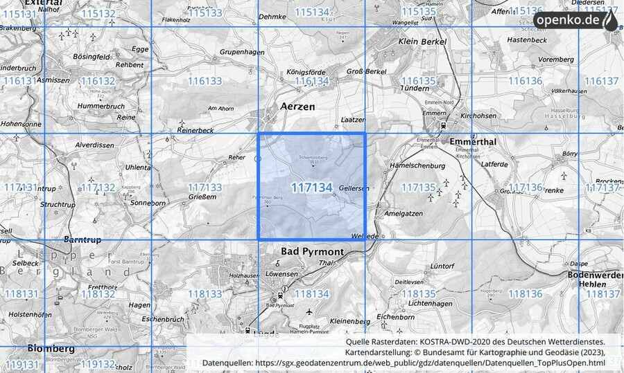 Übersichtskarte des KOSTRA-DWD-2020-Rasterfeldes Nr. 117134 Übersichtskarte des KOSTRA-DWD-2020-Rasterfeldes Nr. 117134