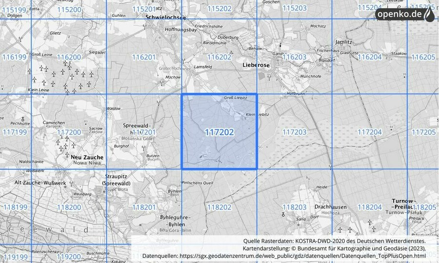 Übersichtskarte des KOSTRA-DWD-2020-Rasterfeldes Nr. 117202