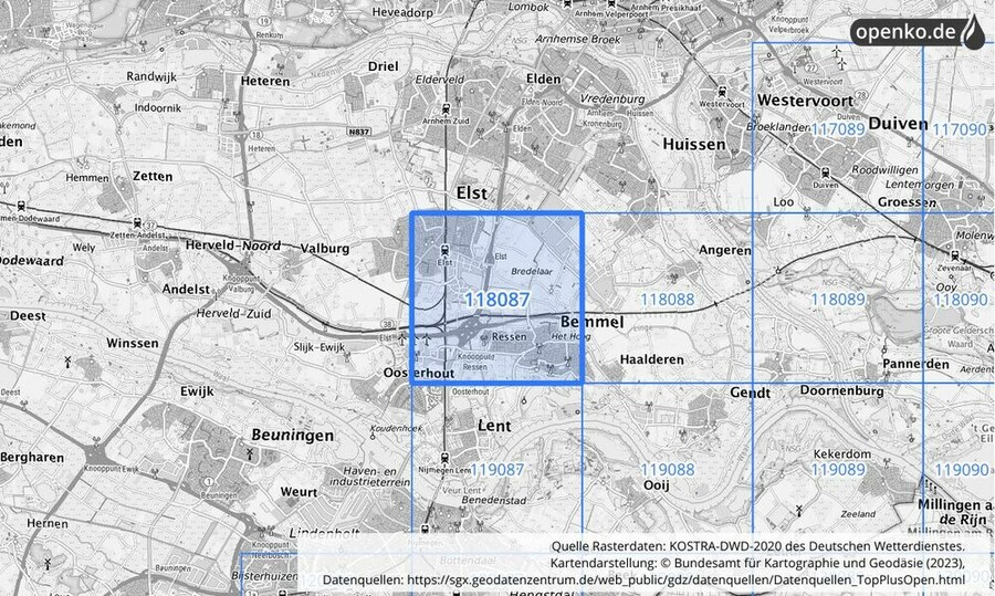 Übersichtskarte des KOSTRA-DWD-2020-Rasterfeldes Nr. 118087