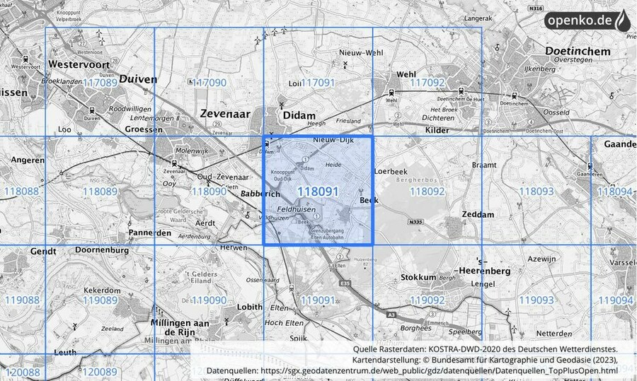 Übersichtskarte des KOSTRA-DWD-2020-Rasterfeldes Nr. 118091