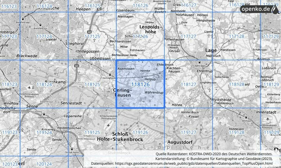 Übersichtskarte des KOSTRA-DWD-2020-Rasterfeldes Nr. 118126