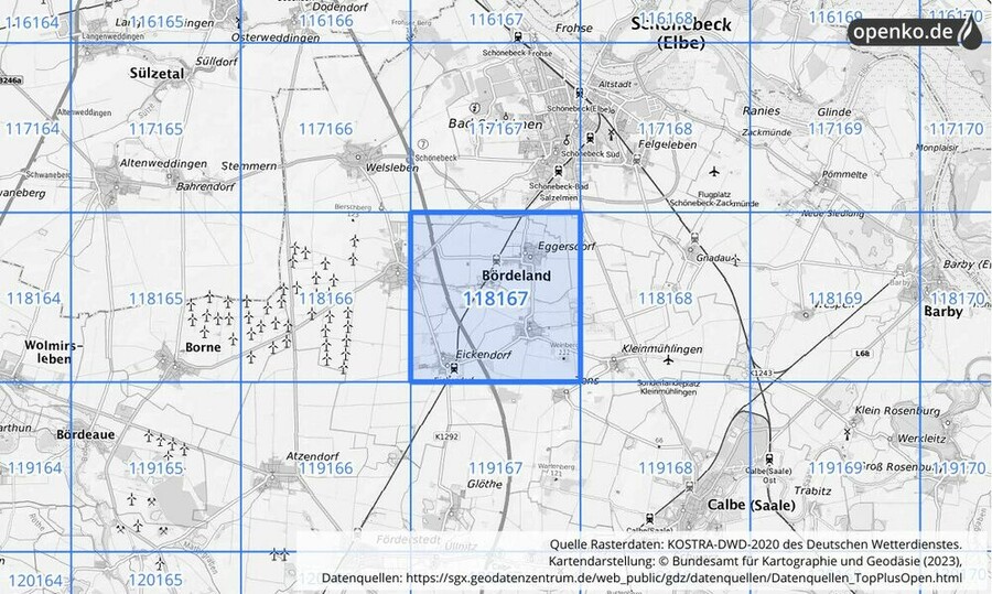 Übersichtskarte des KOSTRA-DWD-2020-Rasterfeldes Nr. 118167