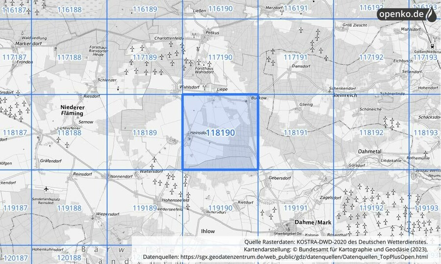 Übersichtskarte des KOSTRA-DWD-2020-Rasterfeldes Nr. 118190